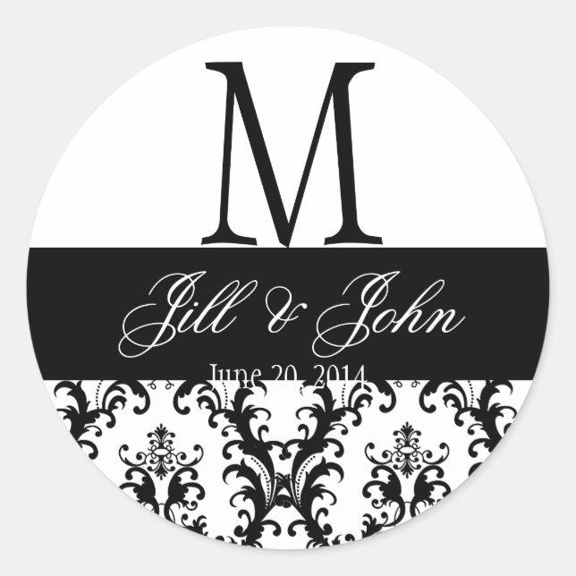 Sticker Rond Mariage Monogramme Enregistrer Date Damask noir et (Devant)