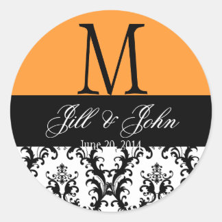 Sticker Rond Mariage Monogramme Enregistrer Date Damask Orange