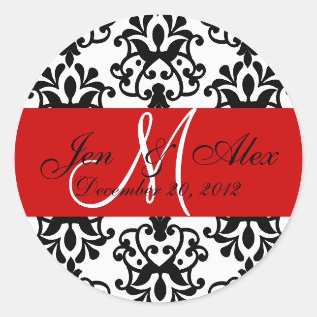 Sticker Rond Mariage Monogramme Enregistrer Date Damask Red Sea (Devant)