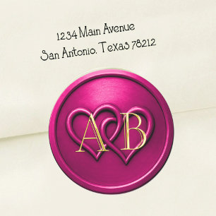 Sticker Rond Mariage Monogramme Entrelacé de Deux Cœurs Fuschia