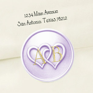 Sticker Rond Mariage Monogramme Entrelacé de Deux Cœurs Lavande
