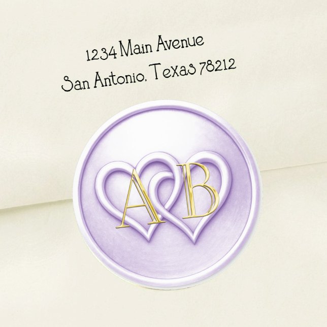 Sticker Rond Mariage Monogramme Entrelacé de Deux Cœurs Lavande (Créateur téléchargé)