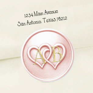 Sticker Rond Mariage Monogramme Entrelacé de Deux Coeurs Rose