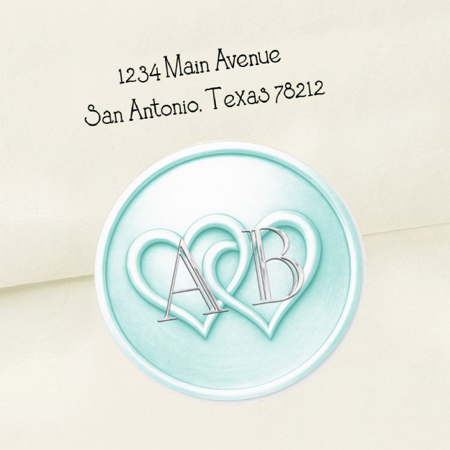 Sticker Rond Mariage Monogramme Entrelacé Deux Cœurs Aqua (Créateur téléchargé)