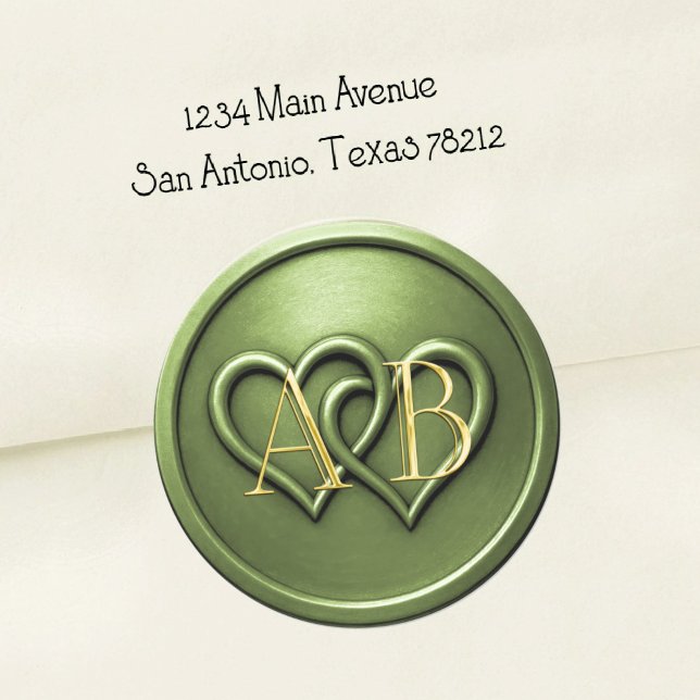 Sticker Rond Mariage Monogramme Entrelacé Deux Cœurs Vert (Créateur téléchargé)