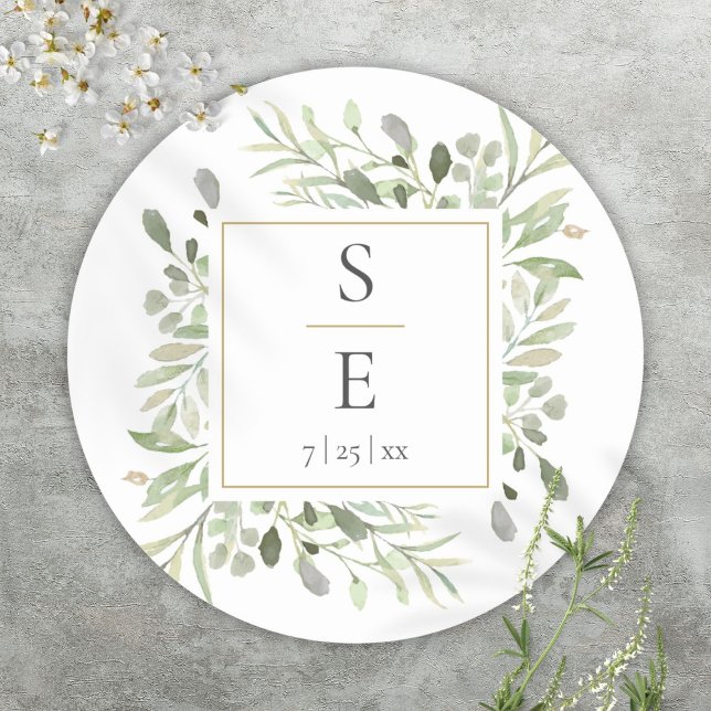 Sticker Rond Mariage Monogramme Feuillage Or (Monogram Greenery Foliage Gold Wedding Classic Round Sticker)
