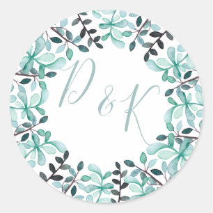 Sticker Rond Mariage Monogramme Feuille Aquarelle
