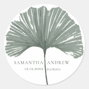 Sticker Rond Mariage Monogramme Ginkgo Vert moderne