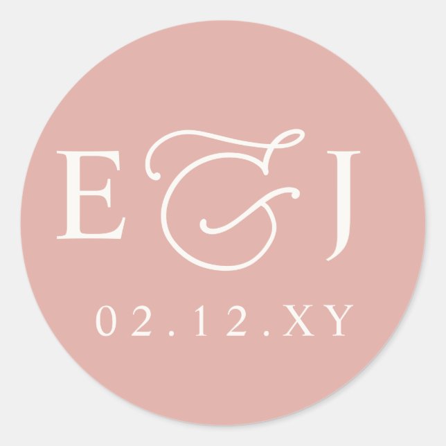 Sticker Rond Mariage Monogramme Initiales Moderne Rose Pâle (Devant)