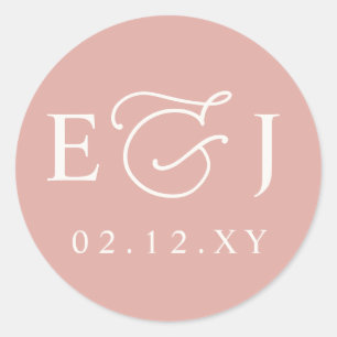 Sticker Rond Mariage Monogramme Initiales Moderne Rose Pâle