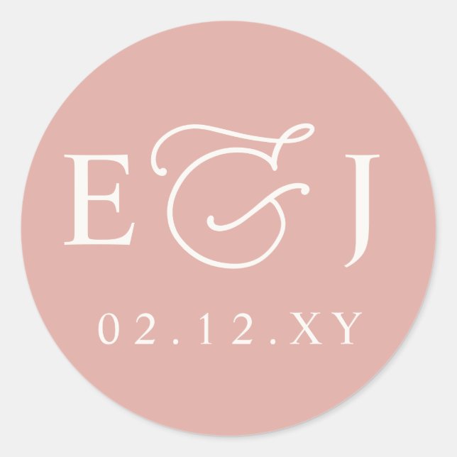 Sticker Rond Mariage Monogramme Initiales Moderne Rose Pâle (Devant)