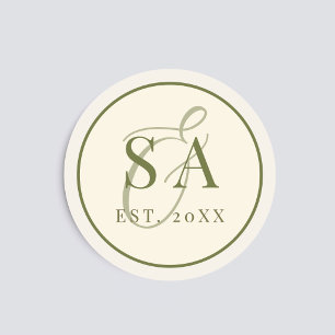 Sticker Rond Mariage Monogramme Ivoire Vert Olive Ancienne Fort