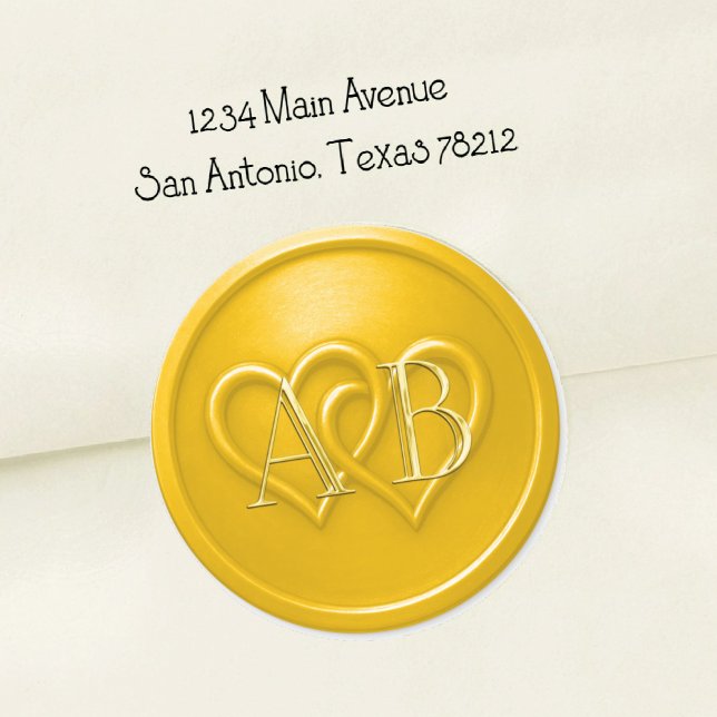Sticker Rond Mariage Monogramme Jaune à Deux Cœurs Entrelacés (Créateur téléchargé)