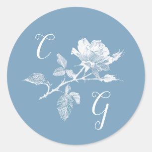 Sticker Rond Mariage Monogramme Ligne Artistique Rose Bleu Pous