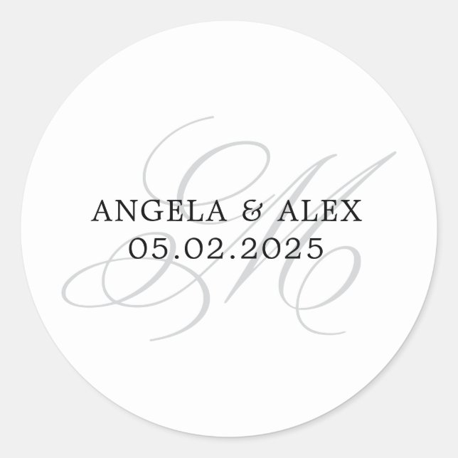 Sticker Rond Mariage Monogramme M Calligraphie Classique Élégan (Devant)