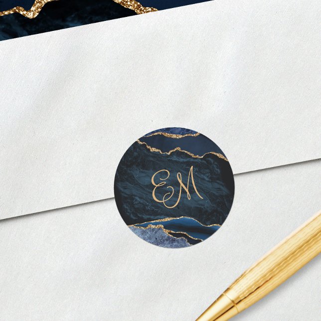 Sticker Rond Mariage Monogramme marbre marbré bleu marine (Créateur téléchargé)