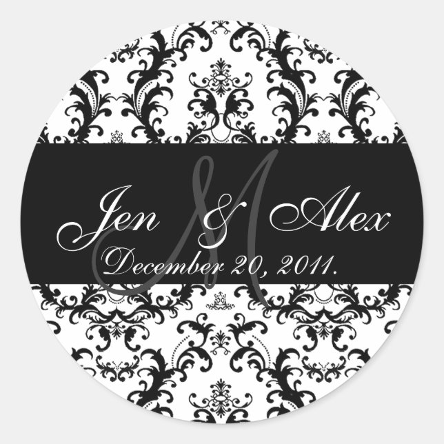 Sticker Rond Mariage Monogramme Mariée Groom Date Damask Seal (Devant)