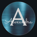 Sticker Rond Mariage Monogramme Métallique Foil Bleu<br><div class="desc">Moderne et élégant Blue Faux Girly Metallic Acier Inoxydable Foil Anniversaire,  Fête des mariées,  Baby shower ou Mariage Envelope ou Sceau Favor Sticker. Cet autocollant peut être customisé pour inclure votre nom initial et prénom pour un paquet cadeau.</div>