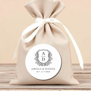 Sticker Rond Mariage Monogramme Moderne Crête Noir Blanc