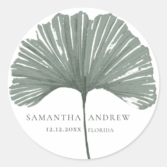 Sticker Rond Mariage Monogramme Moderne Ginkgo Vert (Devant)
