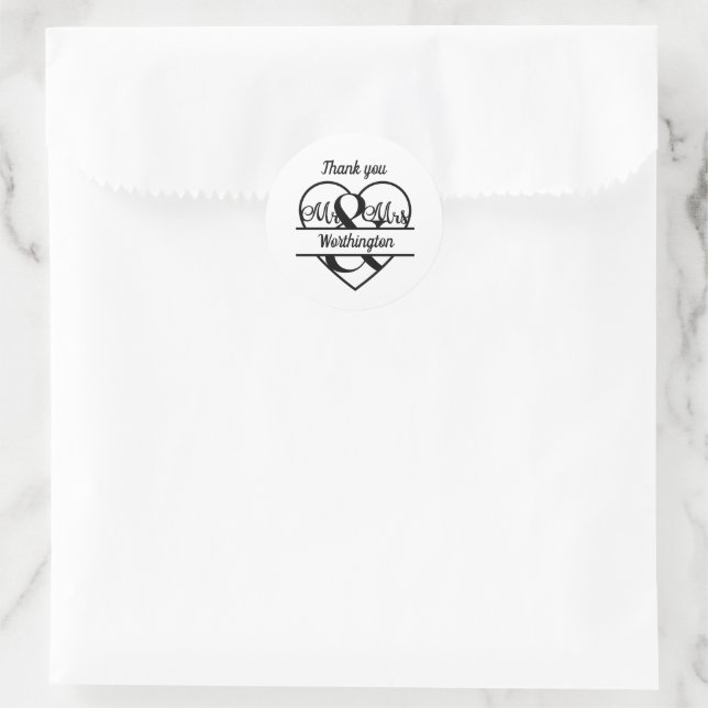 Sticker Rond Mariage Monogramme Nom Cœur Noir Blanc Merci (Sac)