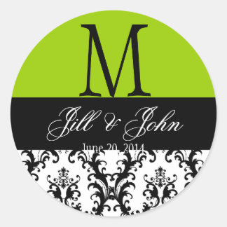 Sticker Rond Mariage Monogramme Noms Damask Apple Green Seal