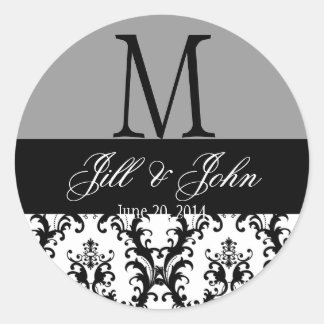 Sticker Rond Mariage Monogramme Noms Damask Grey Seal