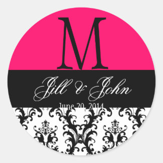 Sticker Rond Mariage Monogramme Noms Damask Hot Pink Seal