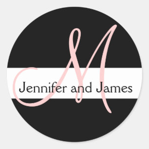 Sticker Rond Mariage Monogramme Noms initiaux Rose Blanc Noir