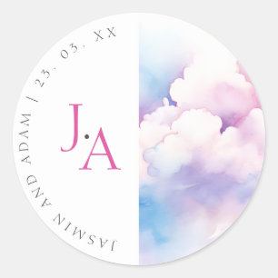 Sticker Rond Mariage Monogramme Nuages Aquarelle Rose Bleu