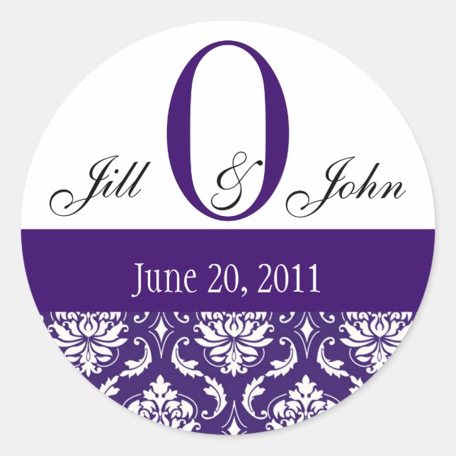 Sticker Rond Mariage Monogramme O Noms Date Paisley Purple Seal (Devant)