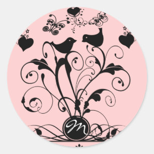 Sticker Rond Mariage Monogramme Oiseaux Cœurs Spirales