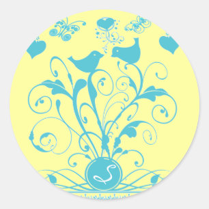 Sticker Rond Mariage Monogramme Oiseaux Cœurs Spirales Bleu Aqu