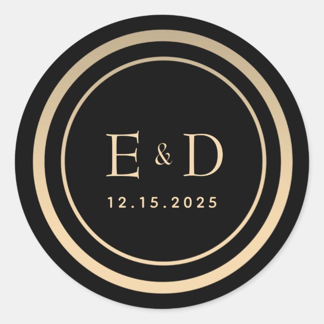 Sticker Rond Mariage Monogramme Or et Noir (Devant)