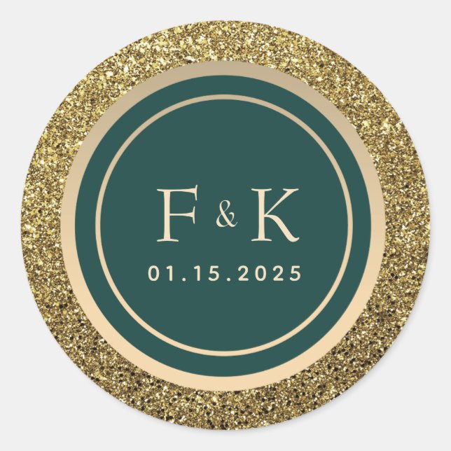 Sticker Rond Mariage Monogramme Or Vert Émeraude (Devant)