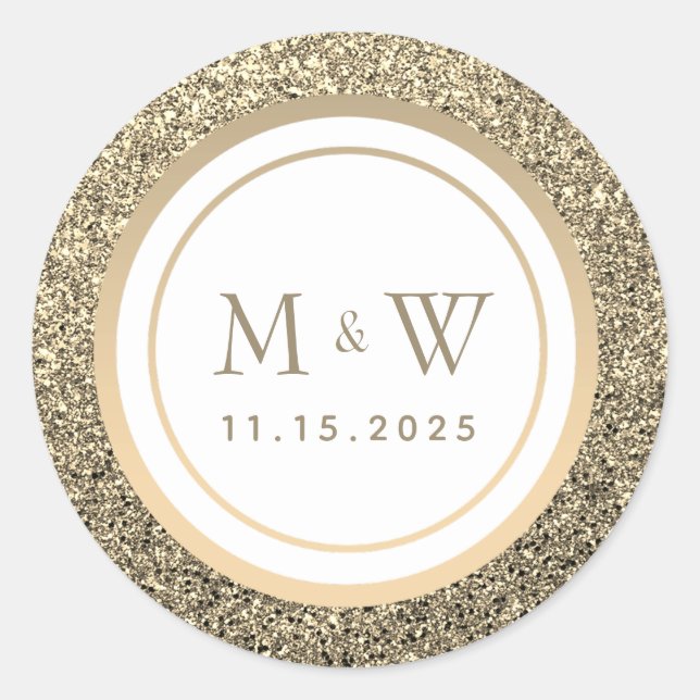 Sticker Rond Mariage Monogramme Pailleté Or (Devant)
