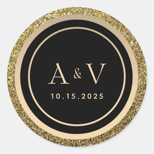 Sticker Rond Mariage Monogramme Pailleté Or et Noir (Devant)