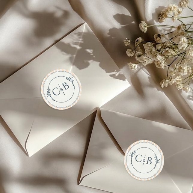 Sticker Rond Mariage Monogrammé Rayé Crème et Pêche  (Créateur téléchargé)