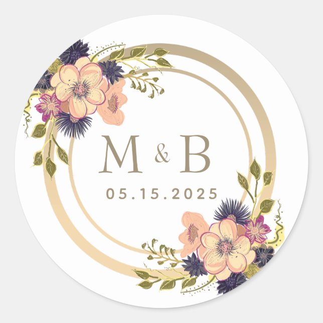 Sticker Rond Mariage Monogramme Rose Floral et Or (Devant)