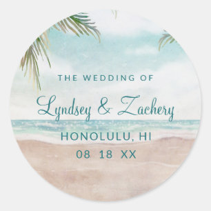 Sticker Rond Mariage Monogramme Scène de Plage Peinte Isle de B