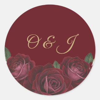 Sticker Rond Mariage Monogramme Script Or Rose Bourgogne Rouge