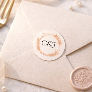Sticker Rond Mariage Monogramme Script Peach Gold Sparkle