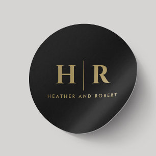 Sticker Rond Mariage Monogramme Simple Classique Chic Black Gol