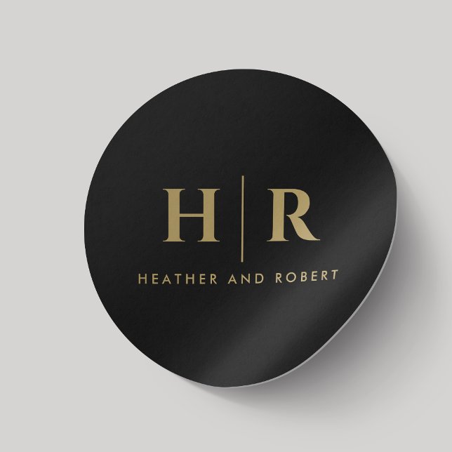 Sticker Rond Mariage Monogramme Simple Classique Chic Black Gol (Créateur téléchargé)