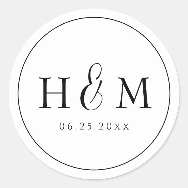 Sticker Rond Mariage Monogrammé Simple Typographie Élégante (Devant)
