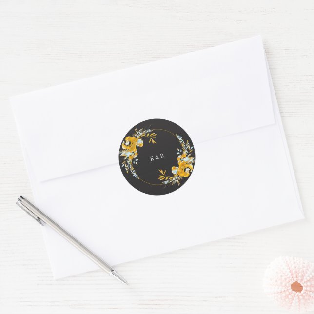Sticker Rond Mariage Monogramme Turquoise Or Luxueux (Enveloppe)