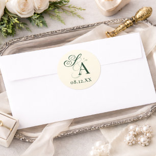 Sticker Rond Mariage Monogramme Vintage Argent Et Vert Ancien A