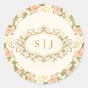 Sticker Rond Mariage Monogramme Vintage Ivoire