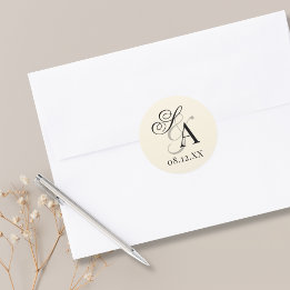Sticker Rond Mariage Monogramme Vintage Noir et Ivoire Vieille