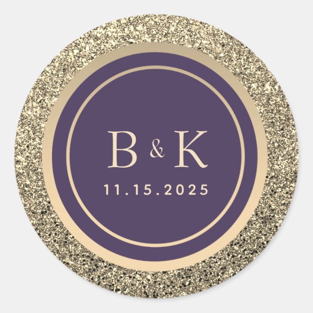 Sticker Rond Mariage Monogramme Violet et Or (Devant)